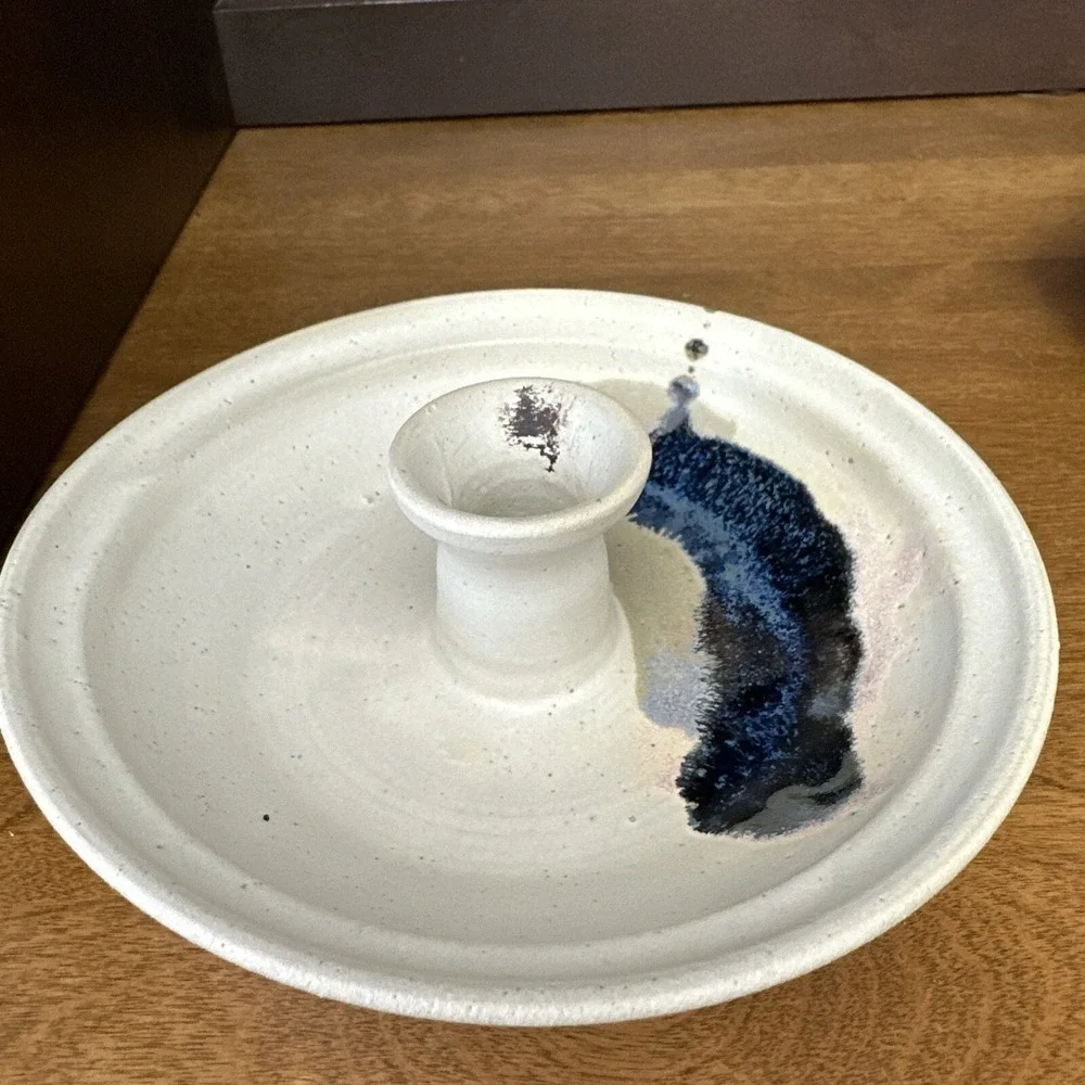 Candle Holder Studio Art Handmade Pottery White Cobalt Pair (2) 6